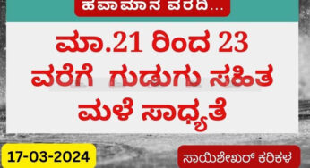 Karnataka Weather | 17-03-2024 | ರಾಜ್ಯದ ಕೆಲವು ತುಂತುರು ಮಳೆ | ಹಲವು ಕಡೆ ಒಣ ಹವೆ |ಮಾ.21 ರಿಂದ ಕೆಲವು ಕಡೆ ಗುಡುಗು ಸಹಿತ ಮಳೆ ನಿರೀಕ್ಷೆ |