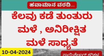 Karnataka Weather | 10-04-2024 | ಕರಾವಳಿ ಜಿಲ್ಲೆಗಳಲ್ಲಿ ಬಿಸಿಲು ವಾತಾವರಣ | ಕೆಲವು ಕಡೆ ಅನಿರೀಕ್ಷಿತ ಮಳೆ ನಿರೀಕ್ಷೆ |ಎ.12 ನಂತರ ಮಳೆಯ ಲಕ್ಷಣ |