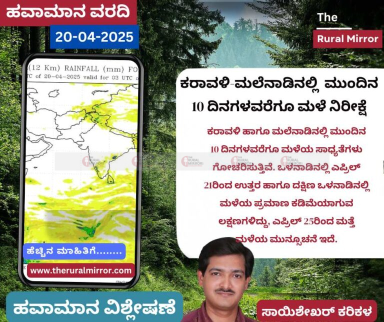 ಹವಾಮಾನ ವರದಿ | 20-04-2025 | ಕೆಲವು ಕಡೆ ಸಾಮಾನ್ಯ ಮಳೆ ಸಾಧ್ಯತೆ | ಕರಾವಳಿ-ಮಲೆನಾಡಿನಲ್ಲಿ ಮುಂದಿನ 10 ದಿನಗಳವರೆಗೂ ಮಳೆ ನಿರೀಕ್ಷೆ