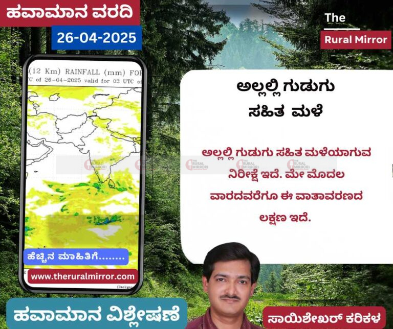 ಹವಾಮಾನ ವರದಿ | 26-04-2025 | ಸಂಜೆ ಗುಡುಗು ಸಹಿತ ಮಳೆ ಸಾಧ್ಯತೆ |