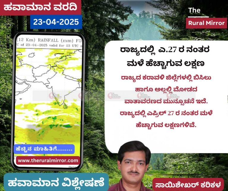 ಹವಾಮಾನ ವರದಿ | 23-04-2025 | ಇಂದು ಅಲ್ಲಲ್ಲಿ ಗುಡುಗು ಸಹಿತ ಸಾಮಾನ್ಯ ಮಳೆಯ ಮುನ್ಸೂಚನೆ | ರಾಜ್ಯದಲ್ಲಿ ಎ.27 ರ ನಂತರ ಮಳೆ ಹೆಚ್ಚಾಗುವ ಲಕ್ಷಣ