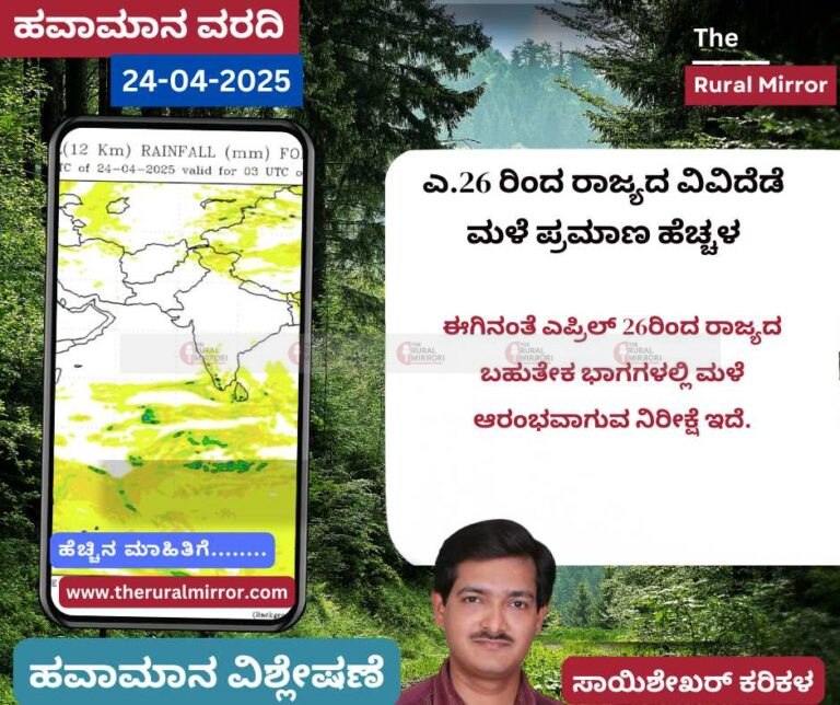 ಹವಾಮಾನ ವರದಿ | 24-04-2025 | ಎ.26 ರಿಂದ ರಾಜ್ಯದ ವಿವಿದೆಡೆ ಮಳೆ ಪ್ರಮಾಣ ಹೆಚ್ಚಳ |