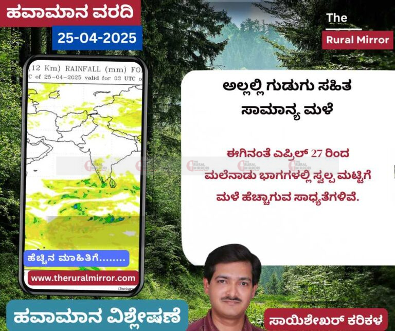 ಹವಾಮಾನ ವರದಿ | 25-04-2025 | ಅಲ್ಲಲ್ಲಿ ಗುಡುಗು ಸಹಿತ ಸಾಮಾನ್ಯ ಮಳೆ |
