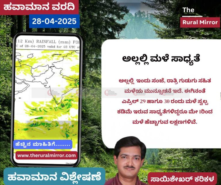 ಹವಾಮಾನ ವರದಿ | 28-04-2025 | ಇಂದು ಅಲ್ಲಲ್ಲಿ ಗುಡುಗು ಸಹಿತ ಮಳೆ | ಮೇ 1ರಿಂದ ಮಳೆ ಹೆಚ್ಚಾಗುವ ಲಕ್ಷಣ