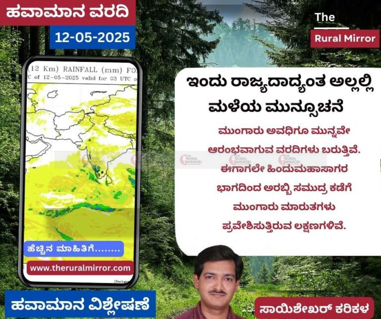 ಹವಾಮಾನ ವರದಿ | 12-05-2025 | ಇಂದು ರಾಜ್ಯದಾದ್ಯಂತ ಅಲ್ಲಲ್ಲಿ ಮಳೆಯ ಮುನ್ಸೂಚನೆ