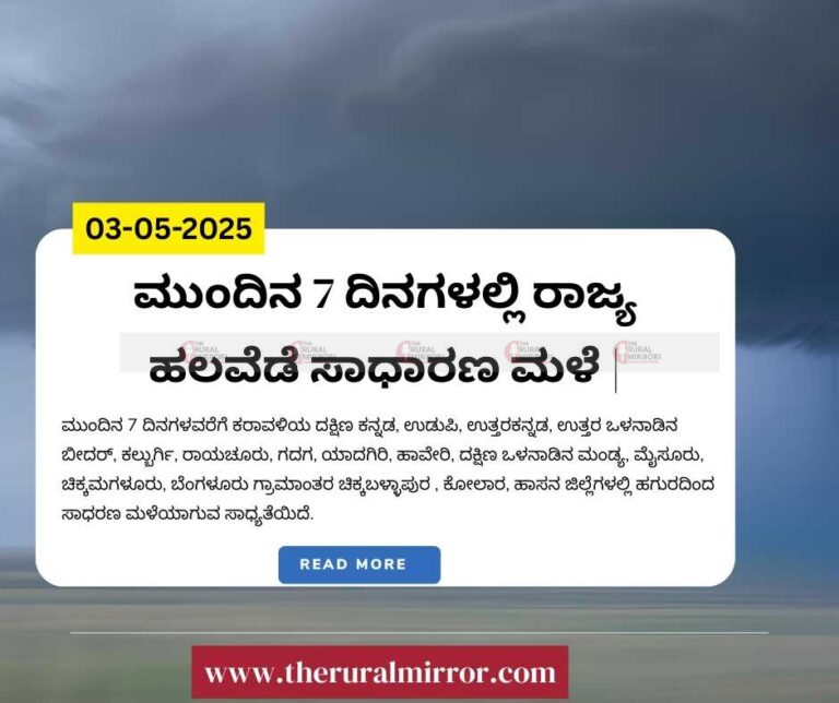 ಮುಂದಿನ 7 ದಿನಗಳಲ್ಲಿ ರಾಜ್ಯ ಹಲವೆಡೆ ಸಾಧಾರಣ ಮಳೆ | ಹವಾಮಾನ ಇಲಾಖೆ ಮುನ್ಸೂಚನೆ