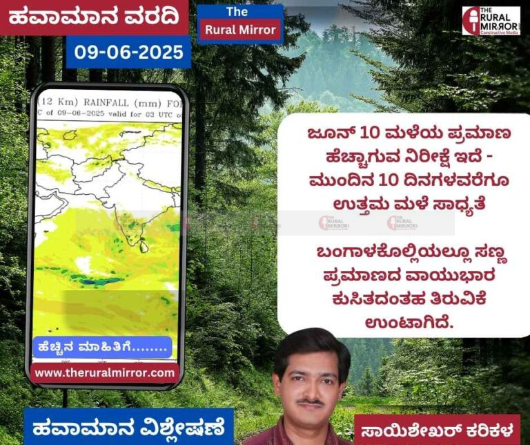 ಹವಾಮಾನ ವರದಿ | 09-06-2025 | ಜೂನ್ 10 ರಿಂದ ಮಳೆಯ ಪ್ರಮಾಣ ಹೆಚ್ಚಾಗುವ ನಿರೀಕ್ಷೆ ಇದೆ | ಮುಂದಿನ 10 ದಿನಗಳವರೆಗೂ ಉತ್ತಮ ಮಳೆ ಸಾಧ್ಯತೆ|