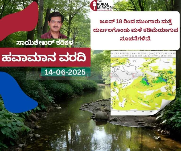 ಹವಾಮಾನ ವರದಿ | 14-06-2025 | ಜೂನ್.‌18 ರಿಂದ ಮಳೆಯ ಪ್ರಮಾಣ ಕಡಿಮೆ ನಿರೀಕ್ಷೆ